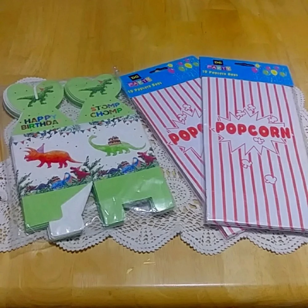 Party Supplies Bundle, Dino treat boxes and popcorn bags